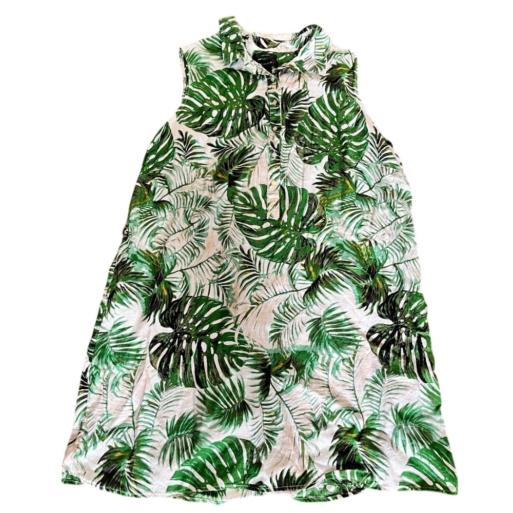 Tahari Sleeveless Linen Dress Womens Green Palm Leaf Print Shift 2X